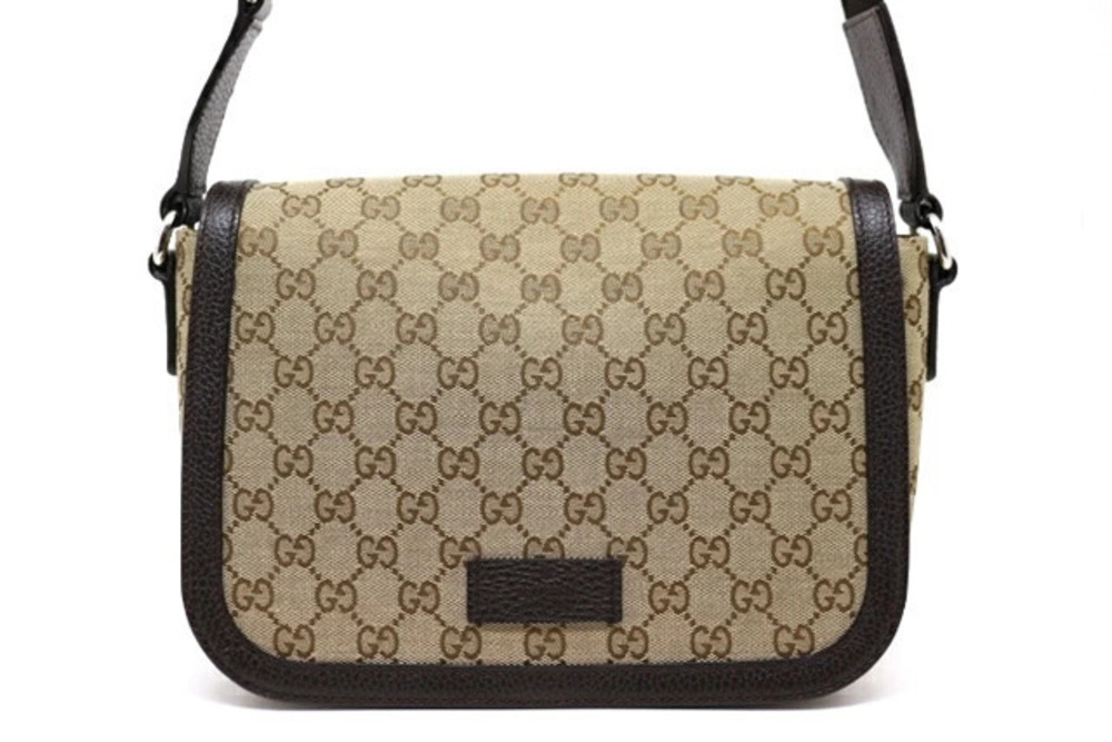 Gucci GG Canvas Messenger Bag classic beige monogram brown leather